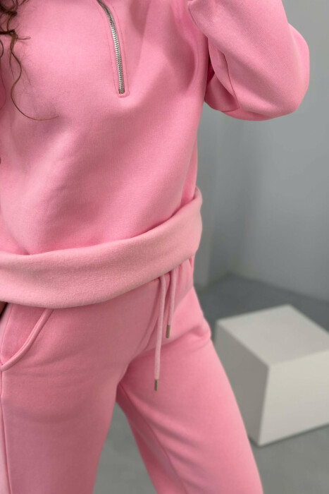 ZIPPER NECK SWEATSHIRT+SWEATPANTS FLUFFY WOMEN SET PINK/ROZE - 3