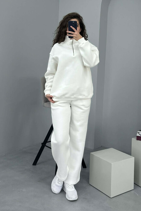 ZIPPER NECK SWEATSHIRT+SWEATPANTS FLUFFY WOMEN SET WHITE-E BARDHE 