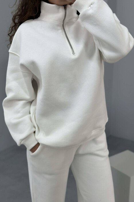 ZIPPER NECK SWEATSHIRT+SWEATPANTS FLUFFY WOMEN SET WHITE-E BARDHE - 3