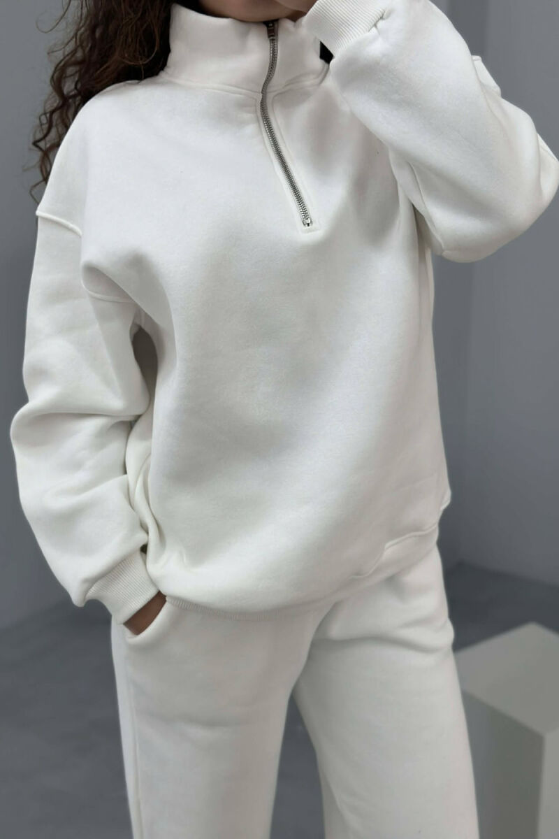 ZIPPER NECK SWEATSHIRT+SWEATPANTS FLUFFY WOMEN SET WHITE-E BARDHE - 3