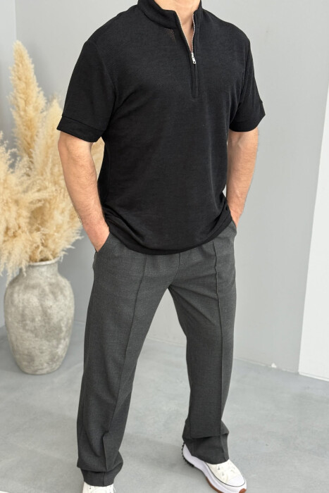 ZIPPER NECK TEXTURED MEN T-SHIRT BLACK/ E ZEZE 