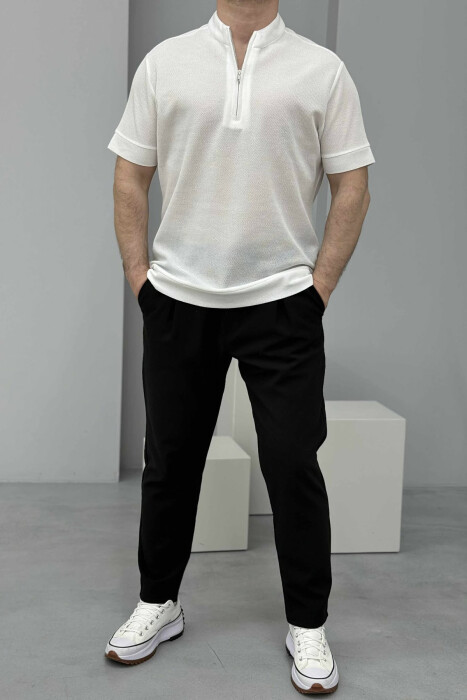 ZIPPER NECK TEXTURED MEN T-SHIRT CREAM/KREM 