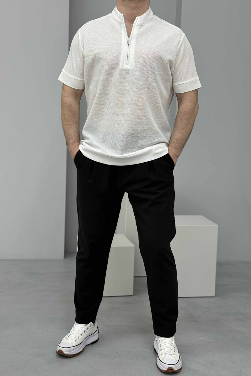 ZIPPER NECK TEXTURED MEN T-SHIRT CREAM/KREM - 1