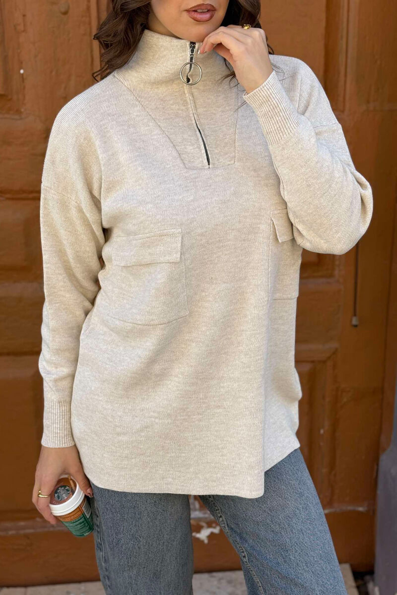 ZIPPER NECK WOMEN SWEATER BEIGE/BEZHE - 1