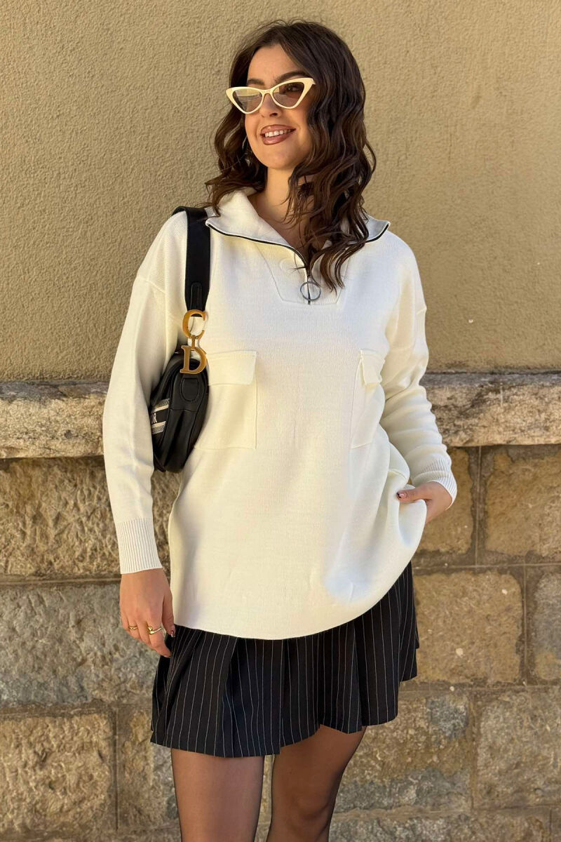 ZIPPER NECK WOMEN SWEATER WHITE-E BARDHE - 4