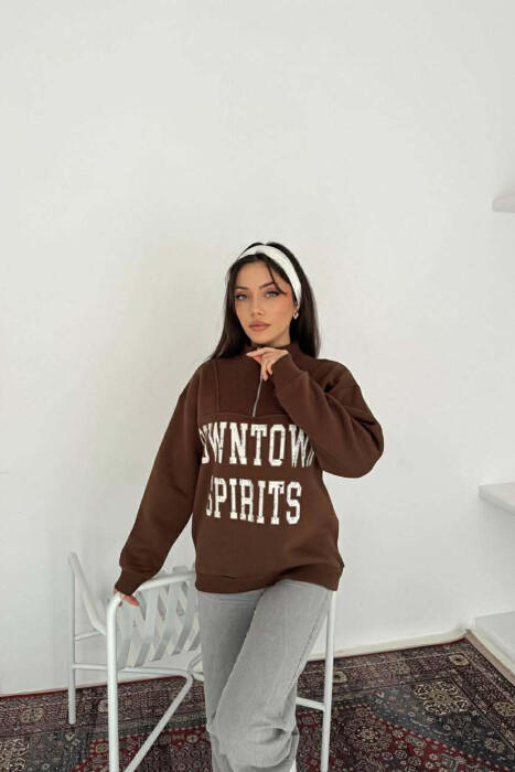 ZIPPER NECK WRITTINGS FLUFFY WOMEN SWEATSHIRT BROWN/KAFE - 2