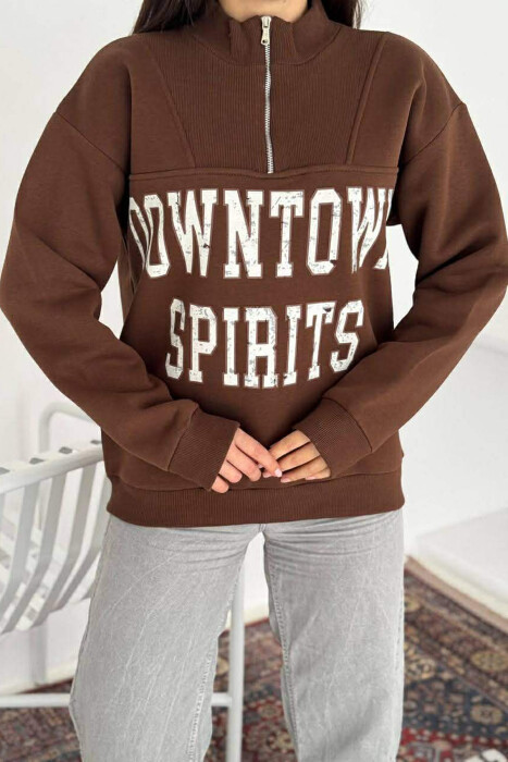 ZIPPER NECK WRITTINGS FLUFFY WOMEN SWEATSHIRT BROWN/KAFE - 3