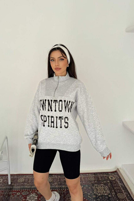 ZIPPER NECK WRITTINGS FLUFFY WOMEN SWEATSHIRT LIGHT GREY/GZ - 1
