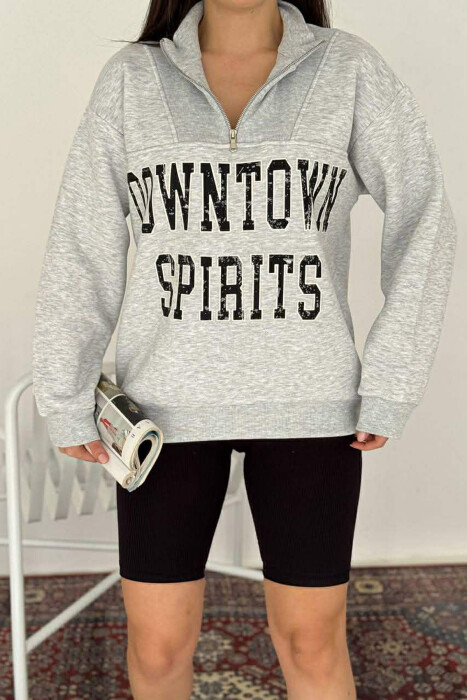 ZIPPER NECK WRITTINGS FLUFFY WOMEN SWEATSHIRT LIGHT GREY/GZ - 2