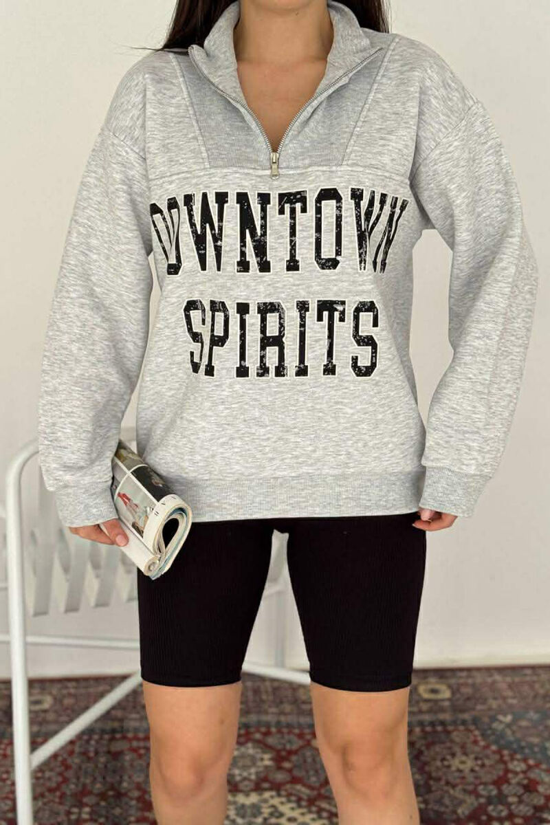 ZIPPER NECK WRITTINGS FLUFFY WOMEN SWEATSHIRT LIGHT GREY/GZ - 2