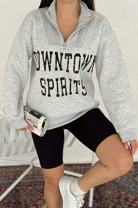 ZIPPER NECK WRITTINGS FLUFFY WOMEN SWEATSHIRT LIGHT GREY/GZ - 3