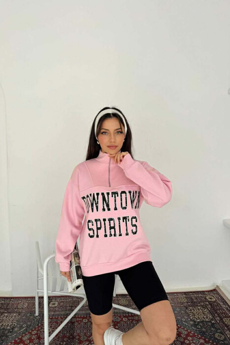 ZIPPER NECK WRITTINGS FLUFFY WOMEN SWEATSHIRT PINK/ROZE 