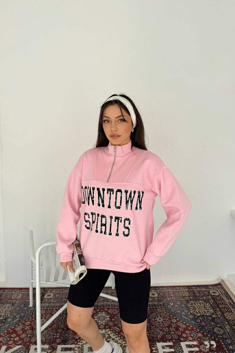 ZIPPER NECK WRITTINGS FLUFFY WOMEN SWEATSHIRT PINK/ROZE - 2