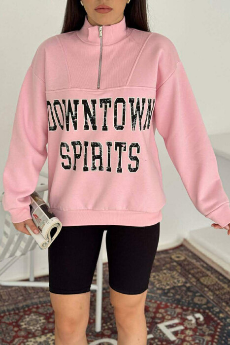 ZIPPER NECK WRITTINGS FLUFFY WOMEN SWEATSHIRT PINK/ROZE - 3