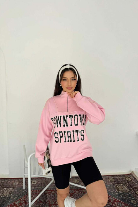 ZIPPER NECK WRITTINGS FLUFFY WOMEN SWEATSHIRT PINK/ROZE - 4