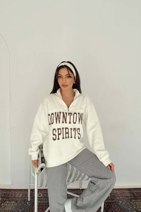 ZIPPER NECK WRITTINGS FLUFFY WOMEN SWEATSHIRT WHITE-E BARDHE - 1