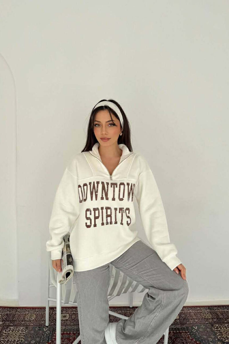 ZIPPER NECK WRITTINGS FLUFFY WOMEN SWEATSHIRT WHITE-E BARDHE - 1