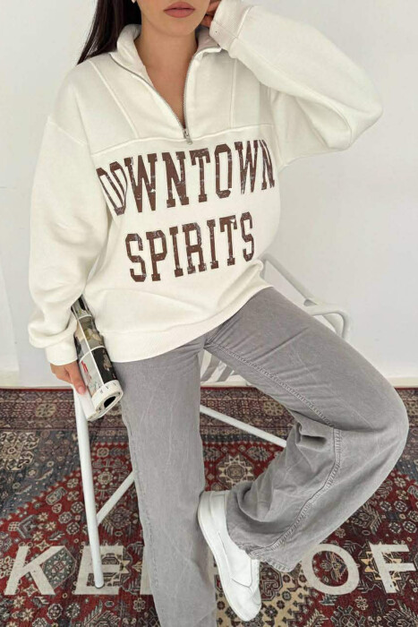 ZIPPER NECK WRITTINGS FLUFFY WOMEN SWEATSHIRT WHITE-E BARDHE - 2