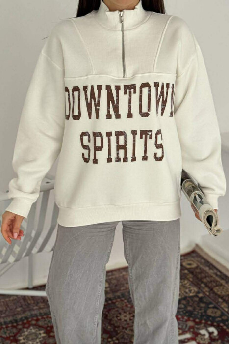 ZIPPER NECK WRITTINGS FLUFFY WOMEN SWEATSHIRT WHITE-E BARDHE - 3