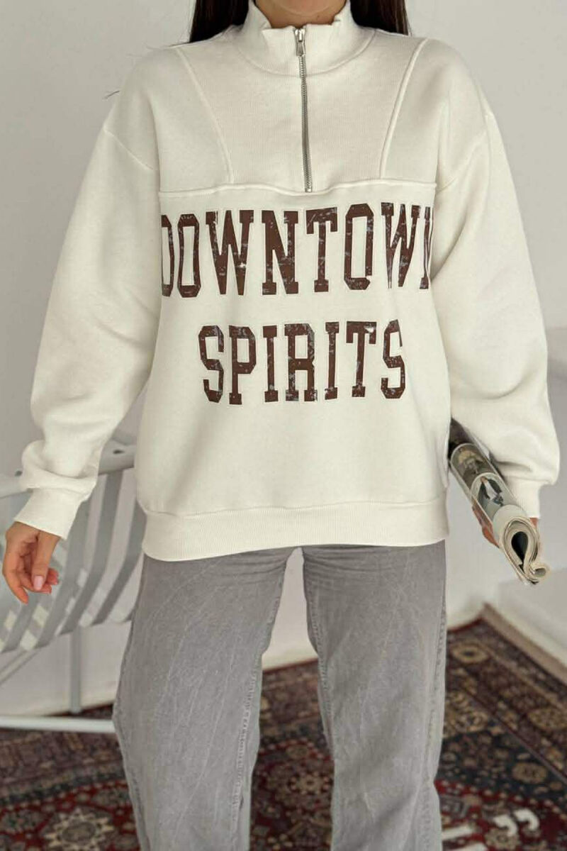 ZIPPER NECK WRITTINGS FLUFFY WOMEN SWEATSHIRT WHITE-E BARDHE - 3