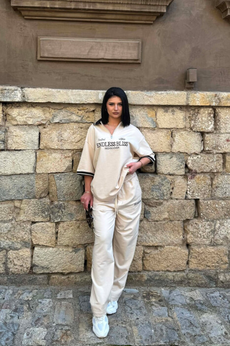 ZIPPER NECK WRITTINGS T-SHIRT + SWEATPANTS WOMAN SET BEIGE/BEZHE - 1
