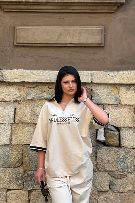 ZIPPER NECK WRITTINGS T-SHIRT + SWEATPANTS WOMAN SET BEIGE/BEZHE - 2
