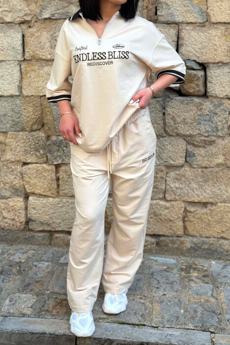 ZIPPER NECK WRITTINGS T-SHIRT + SWEATPANTS WOMAN SET BEIGE/BEZHE - 3