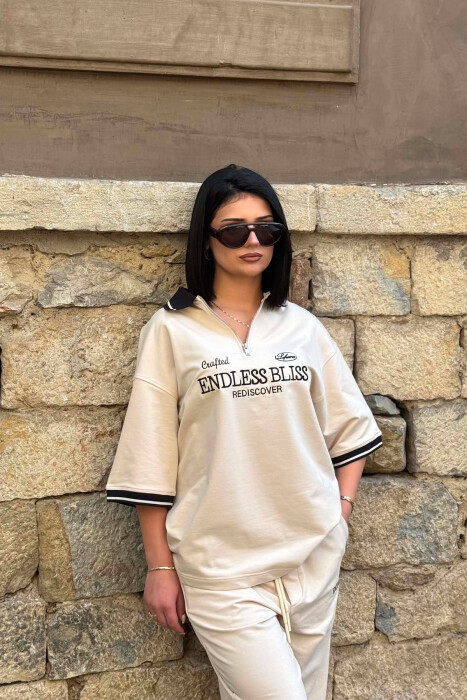 ZIPPER NECK WRITTINGS T-SHIRT + SWEATPANTS WOMAN SET BEIGE/BEZHE - 4