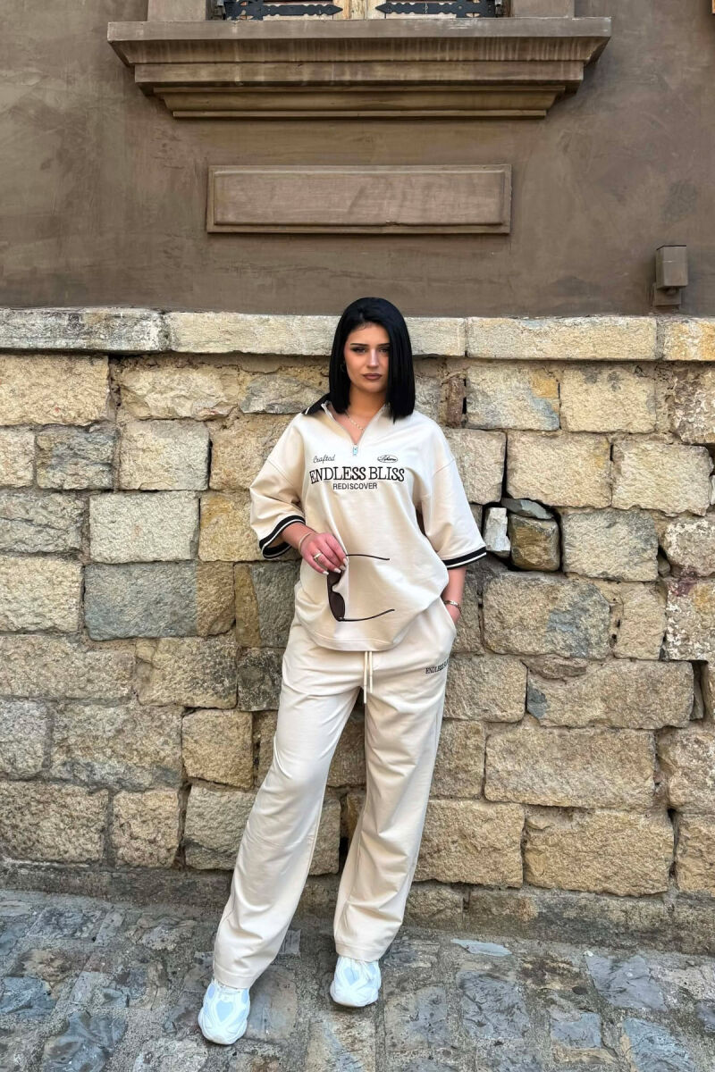 ZIPPER NECK WRITTINGS T-SHIRT + SWEATPANTS WOMAN SET BEIGE/BEZHE - 5