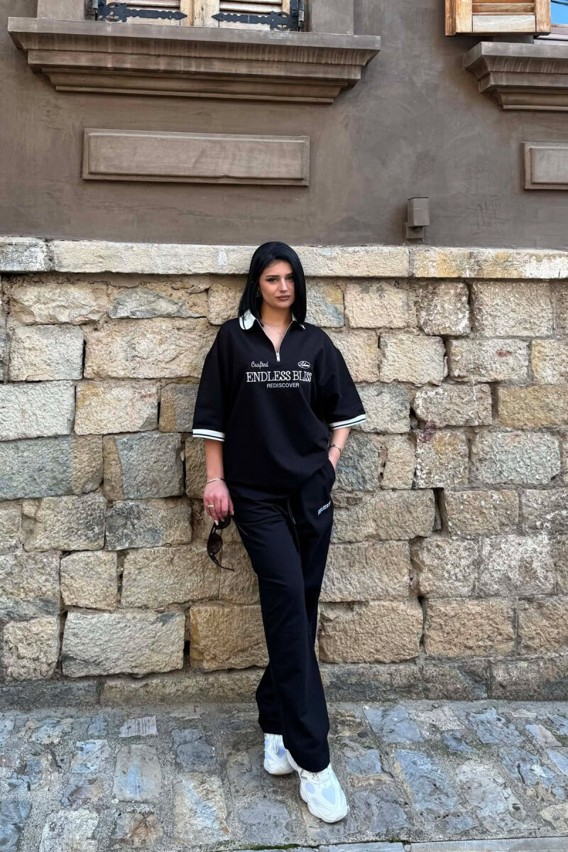 ZIPPER NECK WRITTINGS T-SHIRT + SWEATPANTS WOMAN SET BLACK/ E ZEZE - 1