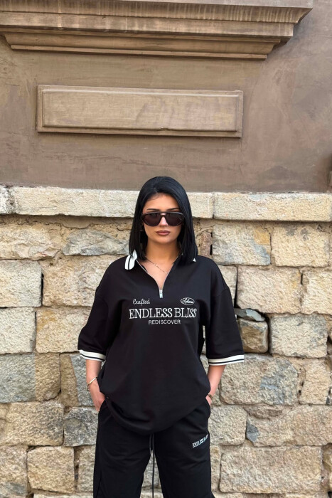 ZIPPER NECK WRITTINGS T-SHIRT + SWEATPANTS WOMAN SET BLACK/ E ZEZE - 2