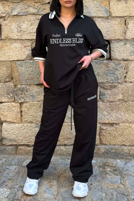ZIPPER NECK WRITTINGS T-SHIRT + SWEATPANTS WOMAN SET BLACK/ E ZEZE - 3