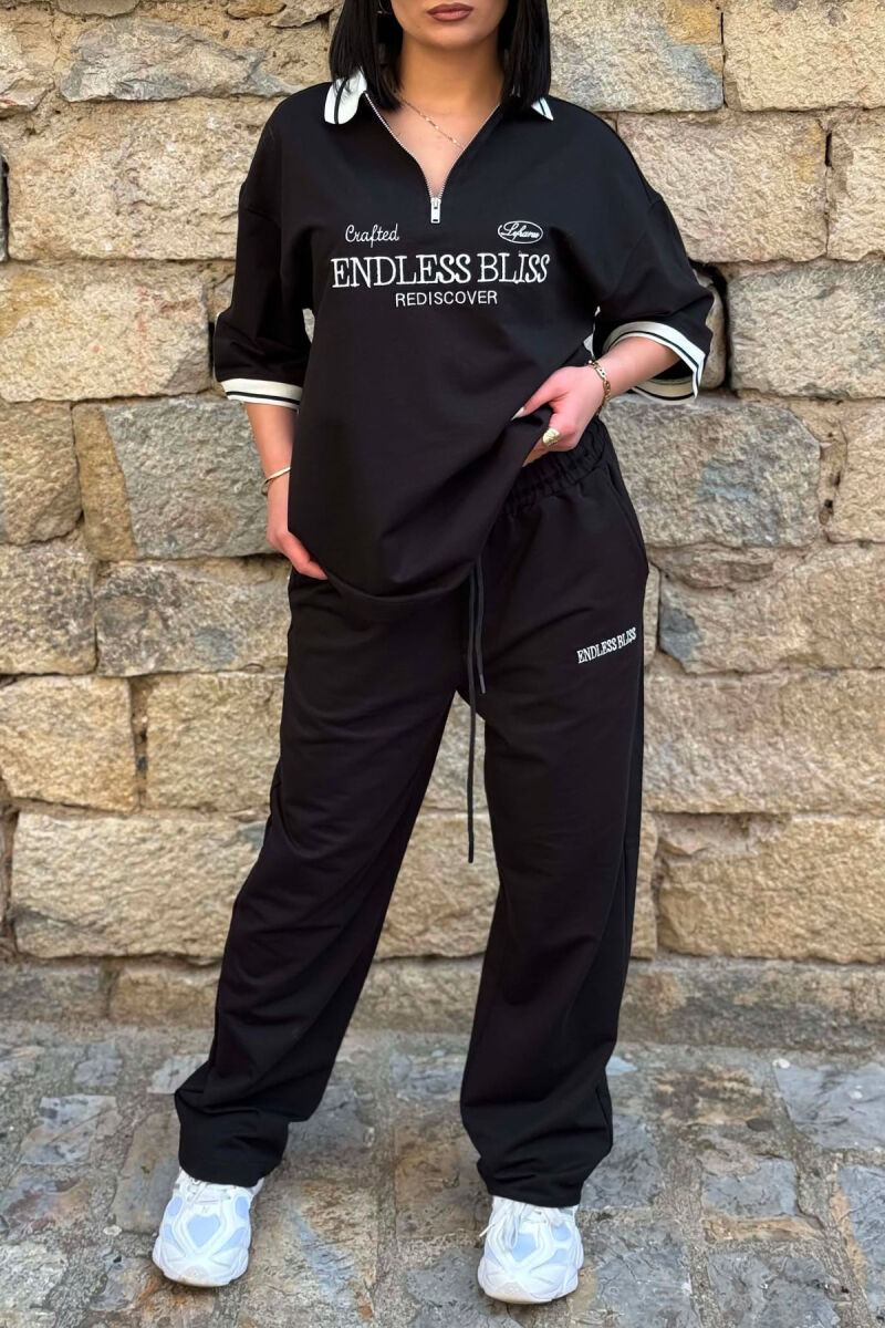 ZIPPER NECK WRITTINGS T-SHIRT + SWEATPANTS WOMAN SET BLACK/ E ZEZE - 3