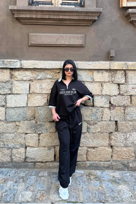 ZIPPER NECK WRITTINGS T-SHIRT + SWEATPANTS WOMAN SET BLACK/ E ZEZE - 5