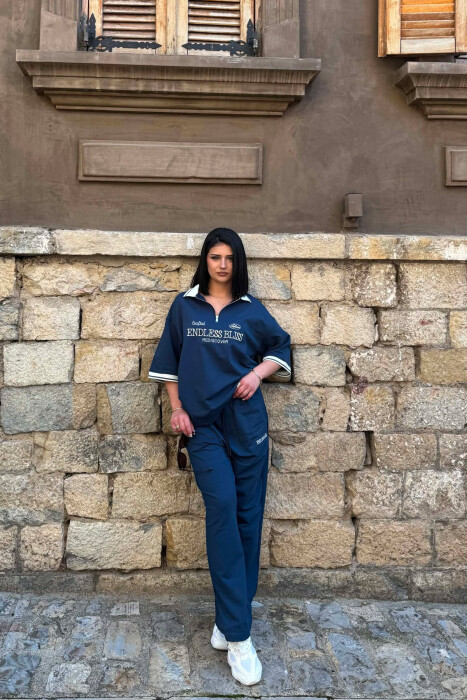 ZIPPER NECK WRITTINGS T-SHIRT + SWEATPANTS WOMAN SET BLUE/BLU - 1