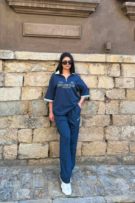ZIPPER NECK WRITTINGS T-SHIRT + SWEATPANTS WOMAN SET BLUE/BLU - 4