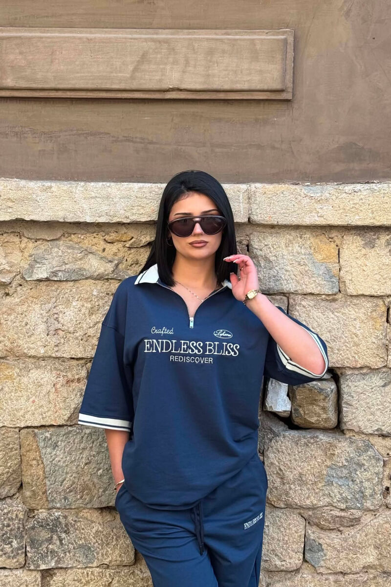 ZIPPER NECK WRITTINGS T-SHIRT + SWEATPANTS WOMAN SET BLUE/BLU - 5