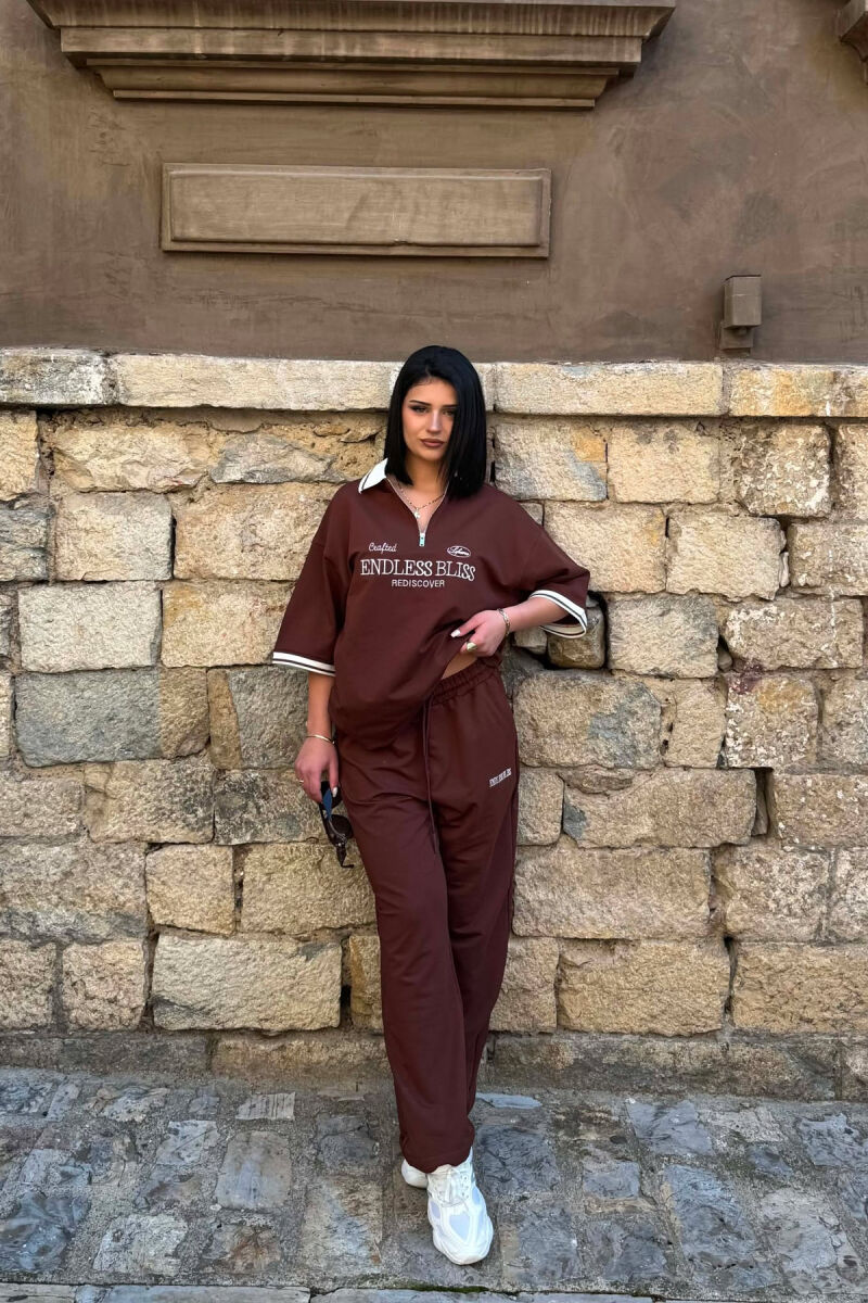 ZIPPER NECK WRITTINGS T-SHIRT + SWEATPANTS WOMAN SET BROWN/KAFE - 1