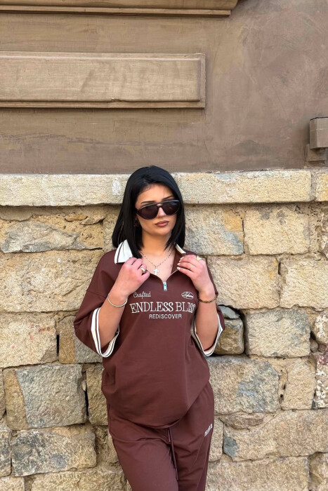 ZIPPER NECK WRITTINGS T-SHIRT + SWEATPANTS WOMAN SET BROWN/KAFE - 4