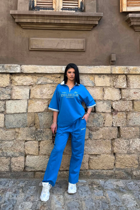 ZIPPER NECK WRITTINGS T-SHIRT + SWEATPANTS WOMAN SET LIGHTBLUE/BZ - 1
