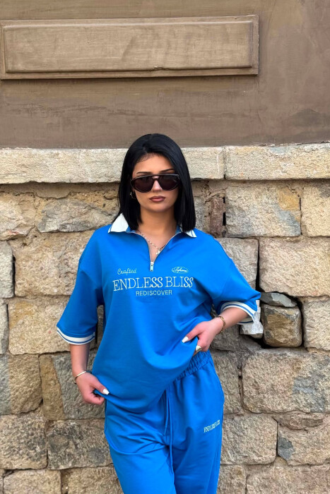 ZIPPER NECK WRITTINGS T-SHIRT + SWEATPANTS WOMAN SET LIGHTBLUE/BZ - 2