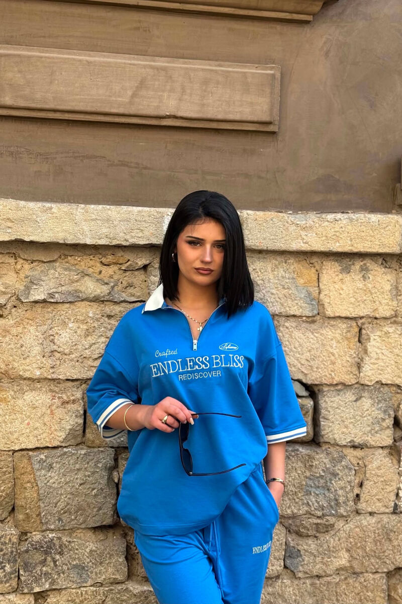 ZIPPER NECK WRITTINGS T-SHIRT + SWEATPANTS WOMAN SET LIGHTBLUE/BZ - 4
