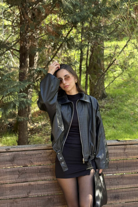 ZIPPER ONE COLOR LEATHER WOMEN JACKET BLACK/ E ZEZE - 2