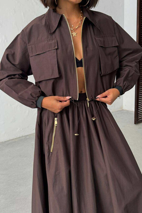 ZIPPER ONE COLOR POCKETS DETAIL WOMEN SHIRT BROWN/KAFE - KLAUDIO FASHION