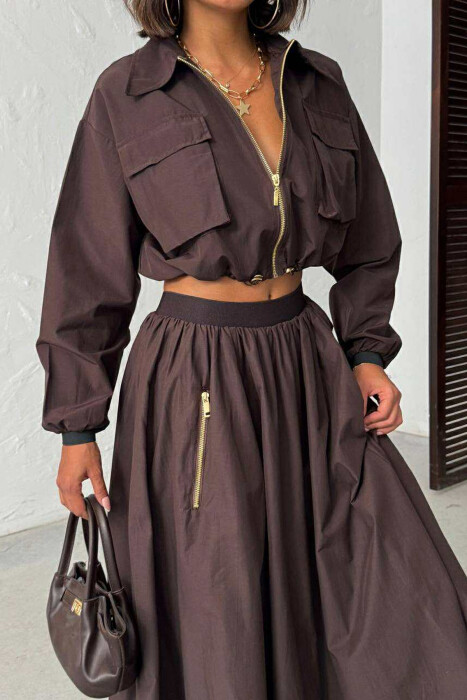 ZIPPER ONE COLOR POCKETS DETAIL WOMEN SHIRT BROWN/KAFE - 2