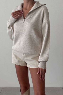 ZIPPER ONE COLOR SIMPLE WOMAN SWEATER BEIGE/BEZHE 