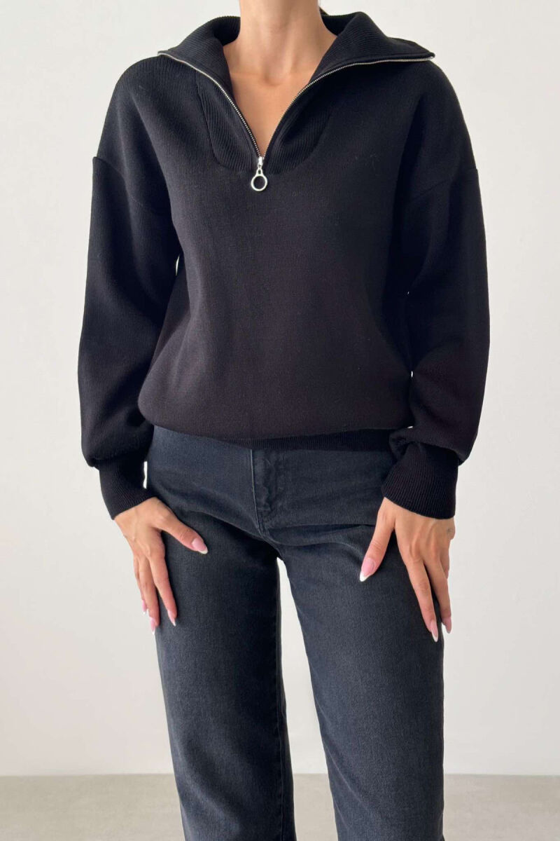 ZIPPER ONE COLOR SIMPLE WOMAN SWEATER BLACK/ E ZEZE - 1