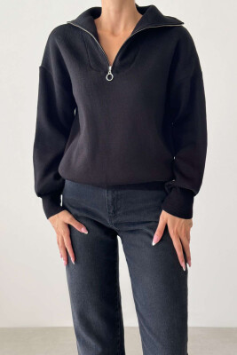 ZIPPER ONE COLOR SIMPLE WOMAN SWEATER BLACK/ E ZEZE 