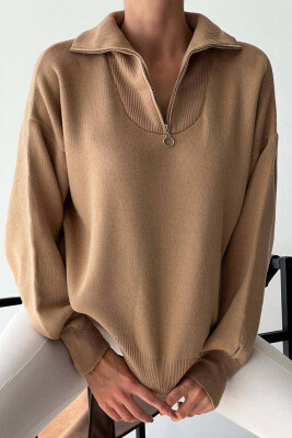 ZIPPER ONE COLOR SIMPLE WOMAN SWEATER BROWN/KAFE 