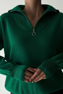 ZIPPER ONE COLOR SIMPLE WOMAN SWEATER GREEN/JESHILE 